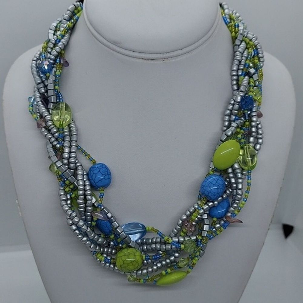 Silverβ green blue braided bead necklace